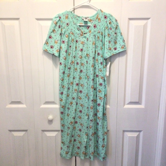 Elegant Emily Women's Coffee & Donut Print Short Sleeve Button Down Duster Gown - Picture 2 of 8